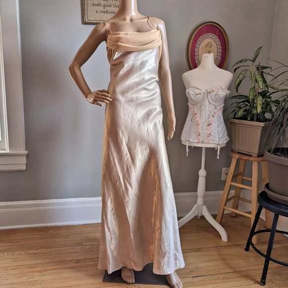 NWT Vintage 90s Let's Fashion Prom Gown Greek Goddess Cowl Gold Chiffon Size L - Picture 3 of 15